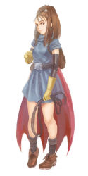 Rule 34 | 1girl, barbara (dq6), belt, boots, brown eyes, brown hair, cape, dragon quest, dragon quest vi, gloves, high ponytail, lips, looking at viewer, pigeon-toed, solo, standing, tamaru tokihiko, whip