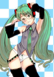 Rule 34 | 1girl, aqua hair, arm up, armpits, arms up, bad id, bad pixiv id, bespectacled, black thighhighs, blush, bottomless, checkered background, cowboy shot, detached sleeves, glasses, green eyes, grin, hatsune miku, kouno (masao), long hair, necktie, no pants, panties, print panties, skindentation, smile, solo, spring onion, thighhighs, twintails, underwear, very long hair, vocaloid