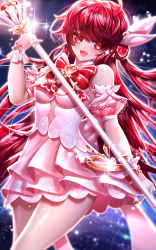 Rule 34 | 1girl, :d, absurdres, been, bow, bowtie, cowboy shot, detached sleeves, dress, elesis (elsword), elsword, fang, gloves, hair bow, heart, highres, holding, holding staff, layered dress, long hair, looking at viewer, magical girl, open mouth, pink dress, pink sleeves, pleated dress, red bow, red bowtie, red eyes, red hair, shiny skin, short dress, short sleeves, sleeveless, sleeveless dress, smile, solo, sparkle, staff, striped bow, striped bowtie, striped clothes, striped neckwear, very long hair, white bow, white gloves
