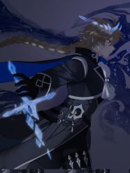 Rule 34 | 1boy, aether (genshin impact), ahoge, alternate costume, arm up, ascot, belt, biiiiiigrice, black belt, black cape, black gloves, black pants, black shirt, blonde hair, blue cape, blue sky, braid, brown eyes, cape, chinese commentary, closed mouth, cloud, cloudy sky, commentary request, genshin impact, gloves, grey jacket, hair between eyes, highres, holding, holding sword, holding weapon, horns, jacket, long hair, looking to the side, male focus, mandarin collar, night, night sky, outdoors, pants, shirt, sky, solo, standing, star (sky), starry sky, sword, two-sided cape, two-sided fabric, v-shaped eyebrows, weapon, white ascot