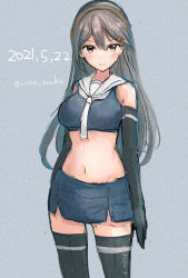 Rule 34 | 1girl, artist name, black gloves, black hair, black thighhighs, blue skirt, brown eyes, commentary request, cosplay, cowboy shot, crop top, dated, elbow gloves, gloves, grey background, hair ornament, hairclip, haruna (kancolle), highres, i-203 (kancolle), i-203 (kancolle) (cosplay), kantai collection, long hair, looking at viewer, pencil skirt, simple background, skirt, sleeveless, solo, standing, thighhighs, wss (nicoseiga19993411)