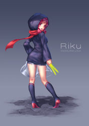 Rule 34 | 1girl, :d, black hoodie, boots, character name, commentary, copyright name, crack, cracked floor, from behind, full body, grey background, hand on own hip, high heel boots, high heels, highres, holding, hood, hood up, hoodie, kemurikusa, kemurikusa (object), kneepits, long sleeves, looking at viewer, looking back, open mouth, red eyes, red hair, red scarf, riku (kemurikusa), scarf, see-through, sharp teeth, simple background, smile, solo, teeth, wasabichan