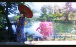 Rule 34 | 10s, 1girl, bloom, brown eyes, brown hair, commentary request, day, furisode, holding, holding umbrella, japanese clothes, kaga (kancolle), kantai collection, kimono, lake, letterboxed, long hair, looking at viewer, matching hair/eyes, nature, obi, oil-paper umbrella, outdoors, parted lips, pupps, reflection, sandals, sash, side ponytail, solo, standing, sunlight, tabi, tree, tree shade, umbrella