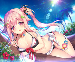 Rule 34 | 1girl, :d, bare shoulders, bead necklace, beads, bikini, bikini day, blue hair, blue sky, blush, breasts, cleavage, cloud, collarbone, commentary request, day, flower, glint, gradient hair, groin, hair flower, hair ornament, hair ribbon, hammock, harusame (kancolle), highres, jewelry, kantai collection, long hair, looking at viewer, lying, medium breasts, multicolored hair, navel, necklace, on side, open mouth, outdoors, palm tree, pink eyes, pink hair, ribbon, ring, ringo sui, side ponytail, sky, smile, solo, stomach, sunlight, swimsuit, tareme, thigh strap, thighs, tree, wedding band