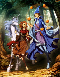 Rule 34 | 1boy, 1girl, barefoot, blonde hair, blue eyes, blue hair, blue theme, brown eyes, brown hair, fantasy, food, forest, fruit, genzoman, hat, horns, juggle, juggling, lady amalthea, long skirt, magician, md5 mismatch, molly grue, nature, orange (fruit), red hair, running, schmendrick, silver hair, skirt, smile, spread toes, the last unicorn, the unicorn (the last unicorn), toes, tree, unicorn, walking, wizard