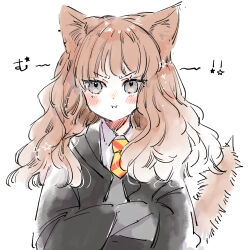 Rule 34 | 1girl, :i, animal ear fluff, animal ears, black robe, blush, brown hair, cat ears, cat girl, cat tail, closed mouth, collared shirt, commentary request, crossed arms, diagonal stripes, grey eyes, harry potter (series), hermione granger, highres, hood, hood down, hooded robe, kemonomimi mode, long hair, looking at viewer, mito (go!go!king!), nose blush, pout, robe, shirt, simple background, solo, striped, sweater vest, tail, translation request, upper body, v-shaped eyebrows, white background, white shirt, wizarding world