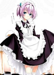 Rule 34 | 10s, 1girl, alternate costume, apron, blue eyes, blush, clothes lift, dress, dress lift, enmaided, garter straps, kantai collection, looking at viewer, maid, maid apron, maid headdress, md5 mismatch, natsupa, pink hair, shiranui (kancolle), skirt hold, solo, spilling, table, thighhighs, tile floor, tiles, translation request, twintails, white thighhighs, zettai ryouiki