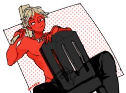Rule 34 | 1boy, arm rest, blonde hair, carrying over shoulder, chain, chain necklace, chair, charao post, colored skin, dated, dutch angle, floating, gyaruo, jewelry, kinako (marubotan), male focus, necklace, personification, red skin, sign, simple background, sitting, sitting backwards, smirk, solo, topless male, valentine post, white background
