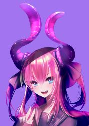 Rule 34 | 10s, 1girl, alternate costume, armor, blue eyes, commentary request, curled horns, dragon girl, dragon horns, elizabeth bathory (fate), elizabeth bathory (fate/extra ccc), fate/extra, fate/extra ccc, fate/grand order, fate (series), hair between eyes, highres, horns, long sleeves, open mouth, pauldrons, pink hair, pointy ears, portrait, purple background, rahato, school uniform, serafuku, shoulder armor, simple background, solo