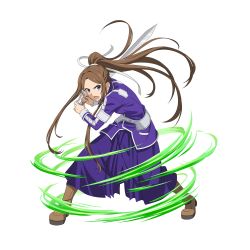 Rule 34 | 1girl, blue eyes, boots, brown footwear, brown hair, floating hair, full body, hair ribbon, high ponytail, highres, holding, holding sword, holding weapon, jacket, long hair, long skirt, long sleeves, looking at viewer, open mouth, pleated skirt, purple jacket, purple skirt, ribbon, skirt, solo, sortiliena serlut, standing, sword, sword art online, transparent background, uniform, very long hair, weapon, white ribbon