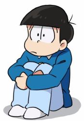 Rule 34 | 1boy, black hair, bowl cut, child, expressionless, hugging own legs, legs together, lowres, male focus, osomatsu-kun, osomatsu (series), simple background, sitting, solo, tomatok0, white background, wing collar