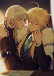 Rule 34 | 2girls, absurdres, ahoge, artoria pendragon (fate), artoria pendragon (lancer) (fate), blonde hair, braid, breasts, cape, earrings, elbow gloves, closed eyes, fate/grand order, fate (series), french braid, fur trim, gloves, green eyes, highres, incest, jewelry, large breasts, long hair, morgan le fay (fate), multiple girls, necktie, siblings, sisters, sparkle, upper body, valentine, white cape, yorukun, yuri