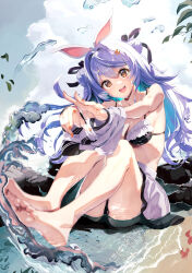 Rule 34 | 1girl, animal ears, aqua hair, barefoot, beach, bikini, black bikini, black ribbon, blue hair, blurry, blurry foreground, breasts, cloud, cloudy sky, colored inner hair, commentary request, depth of field, double bun, feet, floating hair, foreshortening, frilled bikini, frills, hair between eyes, hair bun, hair ribbon, hands up, haruhina purple, head tilt, highres, hololive, knees up, legs, legs together, long hair, medium breasts, multicolored hair, open mouth, orange eyes, orange nails, outdoors, outstretched arms, pleated skirt, rabbit ears, ribbon, sand, shadow, shiny skin, short eyebrows, sitting, skirt, sky, soles, solo, splashing, swimsuit, teeth, thick eyebrows, toes, upper teeth only, usada pekora, virtual youtuber, water