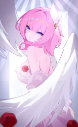 1girl absurdres angel_wings bare_shoulders blue_eyes breasts character_request check_character check_clothing chinese_commentary clothing_request commentary_request cowboy_shot dress elysia_(honkai_impact) from_side hair_ornament highres honkai_(series) honkai_impact_3rd large_breasts looking_at_viewer parted_lips pink_pupils solo white_dress wings ziluolan_jia_de_mao