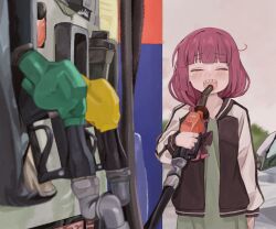 Rule 34 | 1girl, ahoge, bocchi the rock!, braid, closed eyes, commentary, dress, drinking gasoline, gas pump, gas pump nozzle, gas station, gasoline, green dress, hair over shoulder, highres, hiroi kikuri, jacket, low-braided long hair, low-tied long hair, multicolored clothes, multicolored jacket, naaga sonomono, open mouth, outdoors, purple hair, sharp teeth, single braid, solo, teeth, two-tone jacket