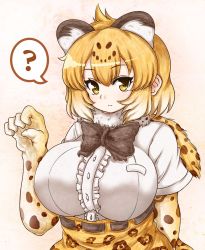 Rule 34 | 10s, 1girl, ?, animal ears, arm behind back, blonde hair, bow, bowtie, breasts, closed mouth, elbow gloves, expressionless, extra ears, fur collar, gloves, hair between eyes, hand up, high-waist skirt, huge breasts, impossible clothes, impossible shirt, jaguar (kemono friends), jaguar ears, jaguar print, kemono friends, looking at viewer, paw pose, print gloves, print skirt, shirt, short hair, short sleeves, skirt, solo, spoken question mark, standing, upper body, yellow eyes, ziogon