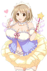 Rule 34 | 1girl, afuro, bare shoulders, blush, breasts, brown eyes, brown hair, cleavage, cosplay, female focus, gloves, hair ornament, happy, huge breasts, idolmaster, idolmaster cinderella girls, looking at viewer, maid headdress, mimura kanako, navel, open mouth, simple background, skirt, smile, solo, standing, thick thighs, thighhighs, thighs, wand, white background, white gloves, white wings, wings