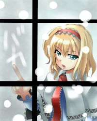Rule 34 | 1girl, alice margatroid, blonde hair, blue eyes, capelet, condensation, dress, female focus, glass writing, gradient background, hairband, hirayama-h, indoors, open mouth, short hair, snow, solo, touhou, window, window fog, writing