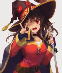 Rule 34 | 1girl, bandages, belt, black hair, breasts, brown belt, cape, collarbone, commentary, commentary request, dress, fingerless gloves, gloves, hat, highres, kono subarashii sekai ni shukufuku wo!, long sleeves, looking at viewer, medium breasts, megumin, one eye closed, open mouth, red eyes, short hair, simple background, solo, taak choi, teeth, unfinished, upper teeth only, v, white background, witch hat