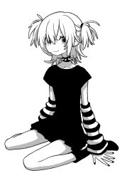 1girl arm_warmers boots collar dress full_body greyscale looking_at_viewer monochrome nail_polish original panda23577667 short_sleeves sitting smile solo spiked_collar spikes striped_arm_warmers two_side_up wariza