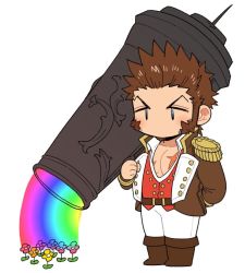 Rule 34 | 1boy, arm behind back, bad id, bad twitter id, bare pectorals, blank eyes, brown hair, cannon, chibi, cross scar, epaulettes, facial hair, fate/grand order, fate (series), flower, full body, goatee, holding, holding weapon, huge weapon, jacket, long sideburns, long sleeves, male focus, military, military uniform, napoleon bonaparte (fate), navel, no mouth, open clothes, open jacket, pants, partially unbuttoned, pectoral cleavage, pectorals, rainbow, rainbow gradient, scar, scar on chest, shitappa, short hair, sideburns, solo, uniform, watering, weapon, white background, white pants