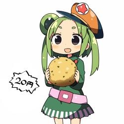 Rule 34 | 1girl, :d, belt, black eyes, blush, character request, dress, eyebrows, food, green dress, green hair, hat, holding, holding food, kanikama, long hair, long sleeves, looking at viewer, lowres, open mouth, original, personification, short dress, simple background, smile, snack, solo, thick eyebrows, twintails, white background