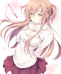Rule 34 | 10s, 1girl, asuna (sao), breasts, brown eyes, brown hair, cleavage, cleavage cutout, clothing cutout, itoichi., long hair, looking at viewer, medium breasts, meme attire, open-chest sweater, pleated skirt, ribbed sweater, skirt, smile, solo, sweater, sword art online, translation request