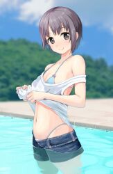 1girl bikini bikini_under_clothes blue_bikini blush clothes_lift denim denim_shorts flat_chest grey_eyes grey_hair idolmaster idolmaster_cinderella_girls looking_at_viewer luckluck navel otokura_yuuki pool shirt_lift short_hair short_shorts shorts smile solo swimsuit tank_top wading water