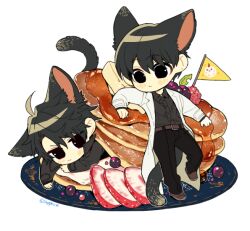 Rule 34 | 2boys, ahoge, animal ears, belt, biyoo (omniscient reader&#039;s viewpoint), black coat, black eyes, black hair, black pants, black shirt, blueberry, brown belt, brown footwear, butter, cat ears, cat tail, closed mouth, coat, collared shirt, food, fruit, kim dokja, looking at another, looking to the side, male focus, mini person, miniboy, multiple boys, omniscient reader&#039;s viewpoint, pancake, pancake stack, pants, parted bangs, raspberry, sapphire (nine), shirt, shoes, strawberry, strawberry slice, syrup, tail, white coat, yoo joonghyuk
