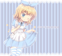 Rule 34 | 1girl, absurdres, alice (alice in wonderland), alice in wonderland, apron, bad id, bad pixiv id, blue dress, blue eyes, blue hairband, blue ribbon, blush, border, brown hair, character doll, chestnut mouth, commentary request, copyright name, dress, fingernails, foreign blue, frilled apron, frills, hair between eyes, hair ribbon, hairband, highres, lace, lace border, looking at viewer, maid apron, one eye closed, ornate border, parted lips, pleated dress, pocket, puffy short sleeves, puffy sleeves, ribbon, short hair, short sleeves, skirt hold, solo, star (symbol), striped background, striped clothes, striped thighhighs, stuffed animal, stuffed rabbit, stuffed toy, thighhighs, vertical stripes, watermark, web address, white apron, white rabbit (alice in wonderland)