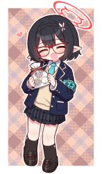 Rule 34 | 1girl, :d, ^ ^, armband, ayane (blue archive), bag, black footwear, black hair, black skirt, black socks, blazer, blue archive, blue jacket, blue necktie, blush, braid, chocolate, closed eyes, collared shirt, commentary, facing viewer, full body, glasses, halo, heart, highres, holding, holding bag, jacket, loafers, naga u, necktie, open clothes, open jacket, open mouth, outline, plaid, plaid background, plastic bag, pleated skirt, pointy ears, red-framed eyewear, safety pin, school uniform, shirt, shoes, skirt, smile, socks, solo, sweater vest, symbol-only commentary, white outline, white shirt