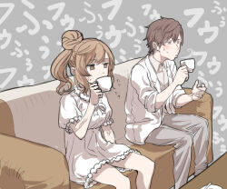 Rule 34 | 1boy, 1girl, absurdres, anger vein, blazer, blowing on food, blush, brown eyes, brown hair, brown pants, cevio, collared shirt, commentary request, couch, dress, drinking, feet out of frame, frilled dress, frills, grey background, hair bun, half-closed eyes, hand up, highres, jacket, looking at object, mashima jirou, no pupils, on couch, open clothes, open jacket, pants, puffy short sleeves, puffy sleeves, satou sasara, shirt, short dress, short hair, short sleeves, side ponytail, single side bun, sitting, sleeves rolled up, sound effects, sweat, table, takahashi amato, translation request, trembling, v-shaped eyebrows, veins, white dress, white jacket
