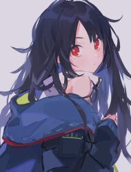 Rule 34 | 1girl, absurdres, black hair, blue jacket, c-ms (girls&#039; frontline), closed mouth, girls&#039; frontline, grey background, highres, jacket, light blush, long hair, long sleeves, looking at viewer, mole, mole under eye, red eyes, shirt, simple background, sleeveless, sleeveless shirt, solo, tarouoga, upper body, white shirt