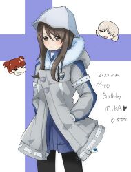 Rule 34 | 3girls, absurdres, aki (girls und panzer), artist name, birthday, black pantyhose, blue dress, blue headwear, blunt bangs, brown eyes, brown hair, coat, commentary request, cowboy shot, dated, dress, emblem, english text, finnish flag, flag background, fur-trimmed hood, fur trim, girls und panzer, girls und panzer senshadou daisakusen!, grey coat, grin, hands in pockets, happy birthday, hat, highres, hood, hood down, hooded coat, keizoku (emblem), light brown hair, long hair, long sleeves, low twintails, mika (girls und panzer), mikko (girls und panzer), multiple girls, official alternate costume, open clothes, open coat, pantyhose, parted lips, partial commentary, red hair, short dress, short twintails, signature, smile, solo focus, standing, tulip hat, twintails, yayuna kaitati