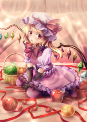 Rule 34 | 1girl, bad id, bad pixiv id, basket, black gloves, blonde hair, bow, bowtie, breasts, cherry, collared shirt, crystal, curtains, eyebrows, eyelashes, flandre scarlet, food, frilled gloves, frilled skirt, frilled sleeves, frills, fruit, gloves, hat, hat ribbon, highres, light particles, look-alike, looking at viewer, mandarin orange, mob cap, mouth hold, on bed, one side up, ookashippo, own hands together, pantyhose, pink skirt, puffy short sleeves, puffy sleeves, purple footwear, purple pantyhose, red bow, red bowtie, red eyes, red ribbon, ribbon, shirt, shoes, short sleeves, sitting, skirt, skirt set, small breasts, solo, strawberry, touhou, v arms, vest, wariza, watermelon, white shirt, wings