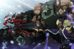 Rule 34 | 2boys, antonio salieri (fate), antonio salieri (first ascension) (fate), artist name, avicebron (fate), black cape, blonde hair, buttons, cape, claws, electricity, fate/grand order, fate (series), fighting stance, full body, glowing, glowing eyes, golem, holding, holding sword, holding weapon, light rays, long hair, male focus, mask, meiji ken, midair, multiple boys, outdoors, pants, pointing, snowing, standing, striped clothes, striped pants, sunbeam, sunlight, sword, weapon, winter