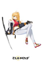 Rule 34 | 1girl, ;o, ahoge, belt, black gloves, black jacket, blonde hair, blue eyes, breasts, closers, crop top, crossed legs, gloves, gold trim, gun, halterneck, handgun, highres, holding, holding gun, holding weapon, invisible chair, jacket, large breasts, long hair, long sleeves, looking at viewer, midriff, official art, one eye closed, open clothes, open jacket, open mouth, pants, pistol, puffy sleeves, red shirt, ribbed shirt, shirt, shoes, side ponytail, sideboob, sitting, sleeveless, sleeveless shirt, solo, stomach, sword, trigger discipline, weapon, yuri seo