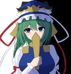 Rule 34 | 1girl, 7saki, asymmetrical hair, bad id, bad twitter id, black background, blue eyes, blue hat, blue vest, blush, breasts, covering own mouth, gold trim, green hair, hair between eyes, hand up, hat, holding, holding stick, juliet sleeves, large breasts, long sleeves, looking to the side, medium hair, one-hour drawing challenge, puffy sleeves, raised eyebrows, red ribbon, ribbon, rod of remorse, shiki eiki, simple background, solo, stick, touhou, two-tone background, upper body, vest, white background, white ribbon