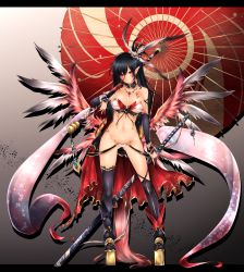 Rule 34 | 1girl, absurdres, armor, bikini armor, black hair, breasts, chinese zodiac, choker, cleavage, collarbone, earrings, elf, frofrofrost, full body, groin, highres, holding, holding sword, holding umbrella, holding weapon, jewelry, katana, large breasts, letterboxed, long hair, midriff, navel, necklace, oil-paper umbrella, original, pointy ears, red eyes, sheath, sheathed, solo, standing, stomach, sword, umbrella, underboob, very long hair, weapon, year of the rooster