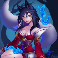 Rule 34 | 1girl, ahri (league of legends), animal, animal ears, bare shoulders, black hair, breasts, cleavage, facial mark, fox ears, fox tail, highres, ibkio chan, korean clothes, large breasts, league of legends, long hair, long sleeves, looking at viewer, orange eyes, sitting, slit pupils, smile, solo, tail, unfinished, whisker markings