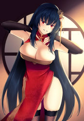 Rule 34 | 1girl, absurdres, azur lane, bare shoulders, black gloves, black hair, black thighhighs, breasts, bridal gauntlets, cleavage, cleavage cutout, clothing cutout, commentary request, dress, elbow gloves, gloves, hair ornament, highres, indoors, large breasts, long hair, looking at viewer, nestea, official alternate costume, parted lips, red dress, red eyes, side slit, skindentation, sleeveless, sleeveless dress, solo, standing, straight hair, taihou (azur lane), taihou (phoenix&#039;s spring song) (azur lane), thighhighs, very long hair