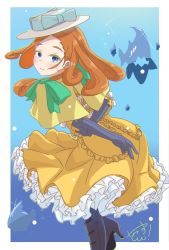 Rule 34 | 1girl, appare-ranman!, black footwear, blue background, blue eyes, bow, dress, elbow gloves, gloves, green bow, hat, hat bow, highres, long hair, looking back, orange hair, sofia taylor, solo, white hat, yasutomo! (akuasky), yellow dress