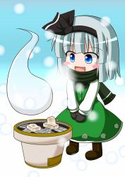 Rule 34 | 1girl, blue eyes, blush stickers, boots, chibi, cooking, cross-laced footwear, damiwi, food, full body, gradient background, grill, grilling, hair ribbon, highres, konpaku youmu, konpaku youmu (ghost), looking down, mittens, mochi, open mouth, ribbon, scarf, shichirin, short hair, silver hair, simple background, skirt, skirt set, snowing, solo, touhou, v arms, wagashi