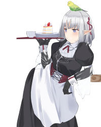 Rule 34 | 1girl, absurdres, animal, animal on head, bird, bird on head, black dress, black gloves, blue eyes, cake, cake slice, cup, dress, elbow gloves, food, gloves, hair ribbon, hand on own hip, highres, holding, holding tray, leaning, leglet4, on head, original, parakeet, pointy ears, puffy sleeves, red ribbon, ribbon, short hair, silver hair, sketch, standing, tray, waitress, white background, wrist cuffs