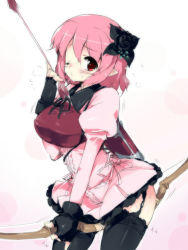 Rule 34 | 1girl, arrow (projectile), player character (mabinogi), black thighhighs, bow, bow (weapon), breasts, character request, crotch rub, dress, elf, female masturbation, fingerless gloves, flower, garter straps, glasses, gloves, grinding, hair flower, hair ornament, lace, lace-trimmed legwear, lace trim, large breasts, mabinogi, masturbation, one eye closed, petenshi (dr. vermilion), pink hair, pointy ears, pussy juice, quiver, red eyes, short hair, solo, thighhighs, weapon, wink