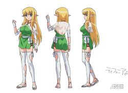 Rule 34 | 1girl, arms behind back, blonde hair, blue eyes, breasts, character sheet, crossed legs, dress, elf, green dress, halter dress, halterneck, happy, large breasts, long hair, pointy ears, sandals, smile, solo, standing, thighhighs, tiffania westwood, toeless legwear, toes, white thighhighs, zero no tsukaima