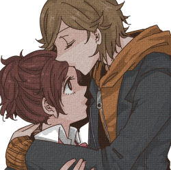 Rule 34 | 1boy, 1girl, amada ken, atlus, couple, closed eyes, kissing forehead, half updo, height difference, hetero, hood, hoodie, jida, kiss, kissing forehead, aged up, persona, persona 3, persona 3 portable, red hair, school uniform, shiomi kotone, short hair, time paradox, zipper