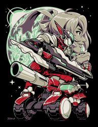 Rule 34 | 1girl, ahoge, black background, blaster master zero, bow, clenched hand, commentary, creature, eve (blaster master zero), fighting stance, fred (blaster master zero), frog, from side, gun, hair bow, hair ribbon, helmet, holding, holding gun, holding weapon, jason frudnick, jmanvelez, limited palette, lips, looking away, magnetic weapon, military, military vehicle, motor vehicle, official art, parted lips, planet, profile, railgun, ribbon, short hair, simple background, smile, sofia iii, spot color, tank, turret, upper body, weapon