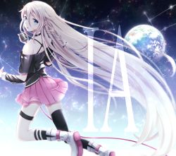 Rule 34 | 1girl, absurdly long hair, asymmetrical legwear, blonde hair, blue eyes, boots, braid, character name, choker, clothing cutout, constellation, criss-cross halter, earth (planet), floating, from behind, gemini (constellation), hair flaps, hair ornament, halterneck, highres, holding, holding microphone, ia (vocaloid), kneehighs, leo (constellation), libra (constellation), long bangs, long hair, long sleeves, looking at viewer, looking back, microphone, microphone cord, microphone stand, off-shoulder shirt, off shoulder, parted lips, planet, pleated skirt, sagittarius (constellation), scorpius (constellation), shirt, shoulder cutout, single thighhigh, skirt, sky, socks, solo, space, star (sky), starry sky, thigh strap, thighhighs, very long hair, vocaloid, yamagara