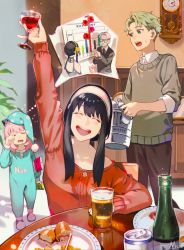 Rule 34 | 1boy, 2girls, :d, absurdres, alcohol, anya (spy x family), beer mug, black hair, blonde hair, blue eyes, bottle, brown pants, bucket, chart, child, clock, closed eyes, collared shirt, cup, drinking glass, drunk, food, hair bun, hairpods, highres, holding, holding bucket, holding cup, indoors, kyuuba melo, long hair, looking at another, mind reading, mug, multiple girls, off-shoulder sweater, off shoulder, open mouth, pants, pink hair, plant, red sweater, rubbing eyes, shirt, short hair, sleepwear, sleepy, smile, spy x family, sweatdrop, sweater, table, teeth, thought bubble, twilight (spy x family), upper teeth only, wall clock, water bottle, white shirt, wine glass, yor briar